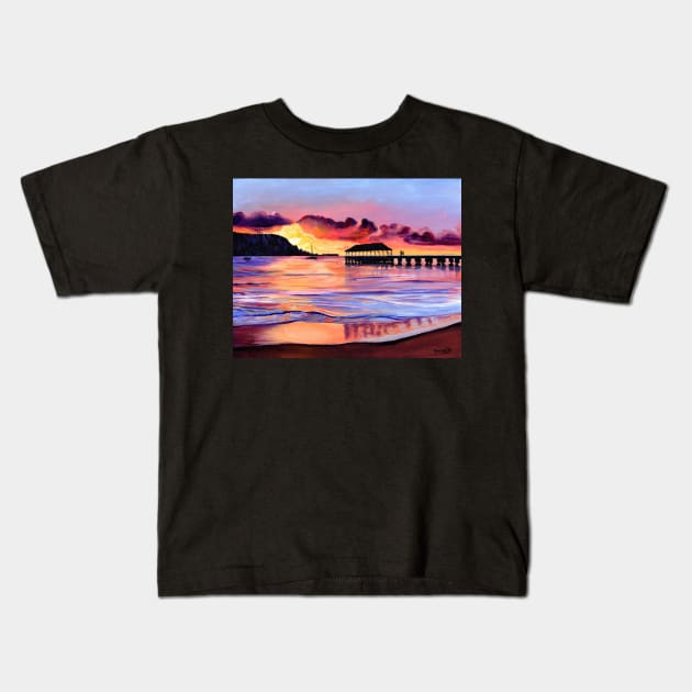 Hanalei Pier Sunset Kids T-Shirt by KauaiArtist